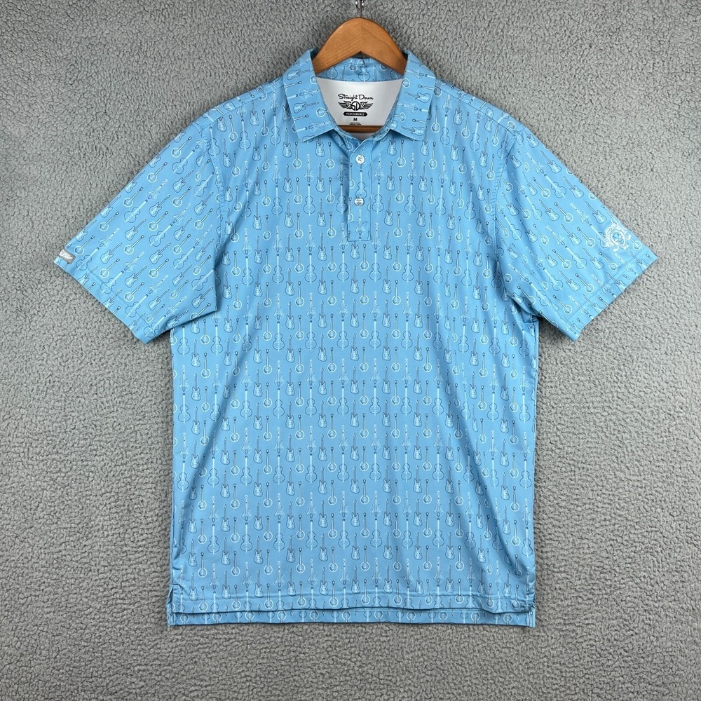 Straight Down Performance Polo Shirt Mens M Guitar Banjo Cello Allover‎ Print